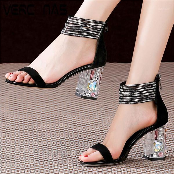 

verconas women crystal heel rhinestones round toe back zipper concise design office shoes thick heels sandals shoes woman1, Black