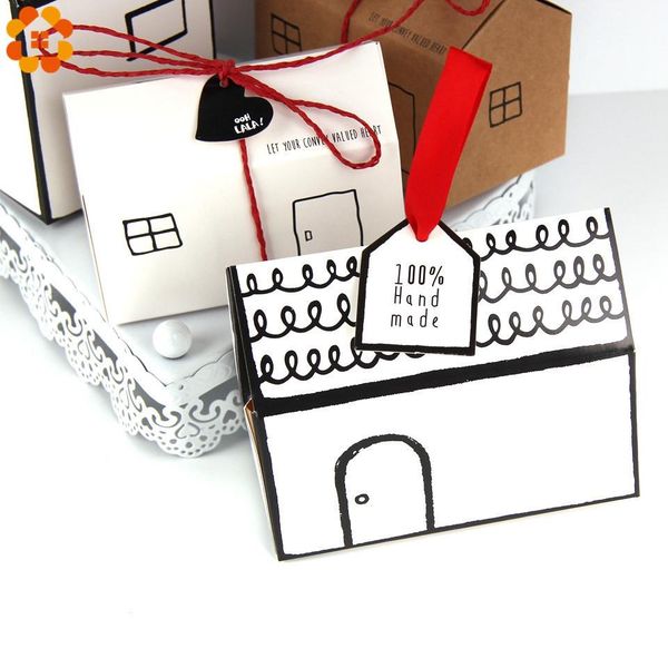 

5pcs white kraft house shape gift candy box cookies package with ribbon for birthday wedding christmas party favor supplies wmtoja