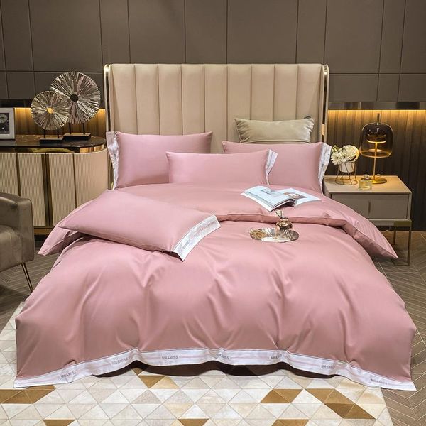 

pink solid color gentleman cotton embroidery duvet cover bed linen fitted sheet pillowcases bedclothes bedspread king  size