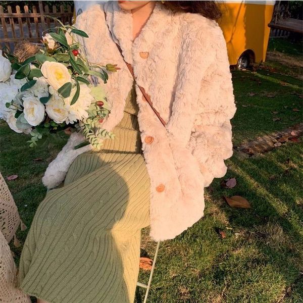 

women's fur & faux junerain warm coat furry outwear women white pocket female teddy bear fake lambswool winter outwears, Black