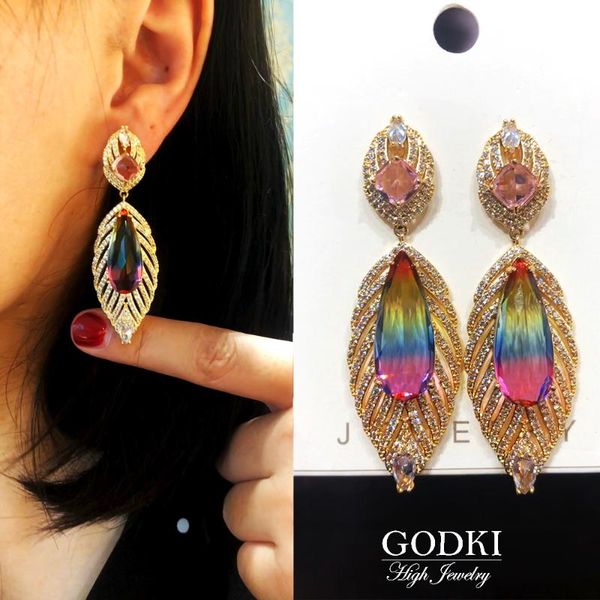 

dangle & chandelier godki feather pattern earrings for women wedding cubic zirconia cz crystal sparkling naija dance party earring, Silver