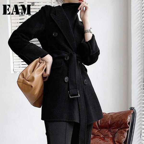 

eam] loose fit black brief short thick belt woolen coat parkas new long sleeve women fashion tide autumn winter 2020 1dd1126