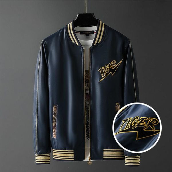 

mens jackets casual pu embroidery tiger letters patten streetwear jacket men slim new autumn zipper jacket light luxury fashion, Black;brown