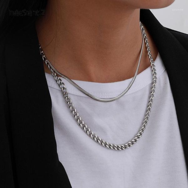 

ingesight.z multi layered stainless steel flat snake chain choker necklace goth gothic curb collar necklaces for women jewelry1, Silver