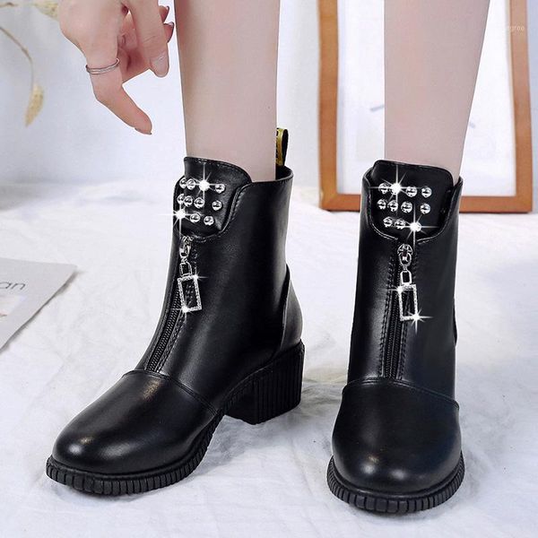 

boots women ladies zipper crystal elegant woman office mid high heels female quantity pu leather footwear winter warm shoes1, Black