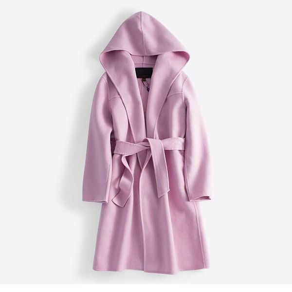 

double face 100%woolen women's fashion hooded belt cardigan overcoat no-buckle mid-long 5color s/m/l/xl1, Black