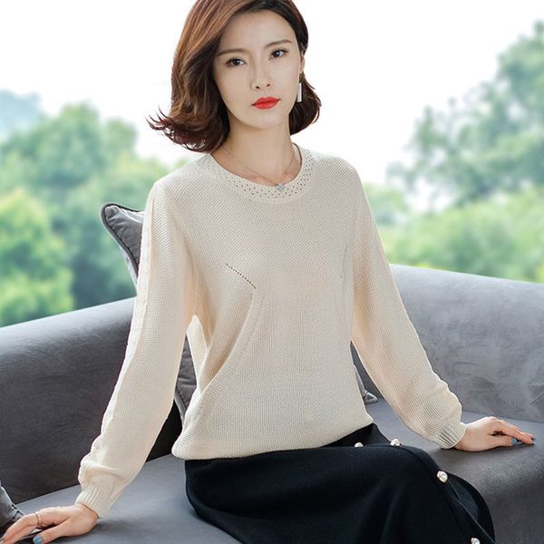 

stitching lace base knitted sweater women flowers hollow loose round neck solid color casual jumpers female spring 201203, White;black
