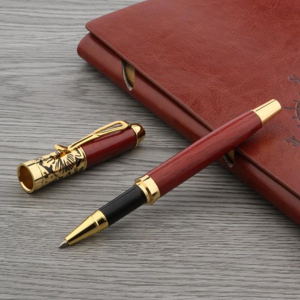 

ballpoint pens relief flower rollerball pen red wood golden trim stationery office school supplies writing gift, Blue;orange