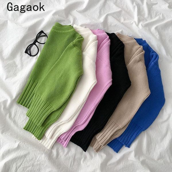 

women's sweaters gagaok women short sweater 2021 spring autumn o-neck office lady solid knitted slim korean simple wild pullovers1, White;black