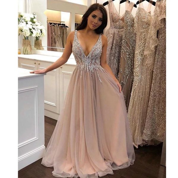 

2021 new arrival long prom dresses deep v neck beading floor length evening party gown girls birthday sweet party gowns, Black