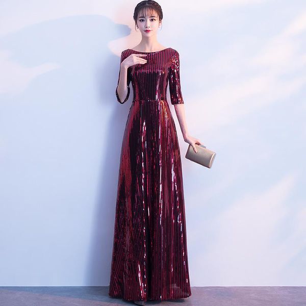 

ethnic clothing burgundy v-neck half sleeve ladies' formal party dresses bling novelty vestido de festa chinese modern qipao dress with, Red