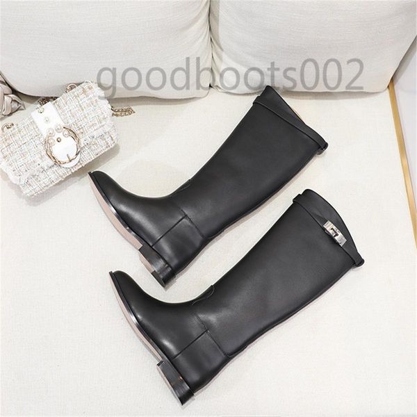 

2020 new h womens knight knee motorcycle square heel snow winter boots martin cow leather buckle booties size 35-42, Black