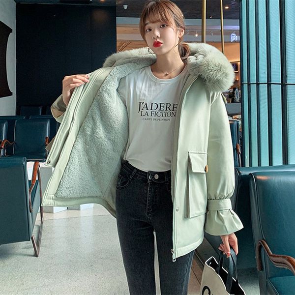 

2021 new plus size fur collar with hoodie parkers student short parka female winter padded jacket thickening lining sf001 coats, Black