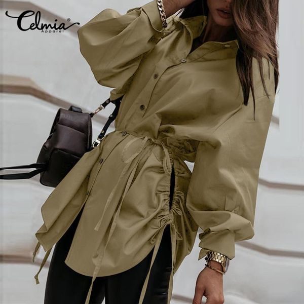 

celmia fashion lace-up long shirt women's 2021 casual loose puff sleeve blouses hollow out hem button streetwear blusa, White