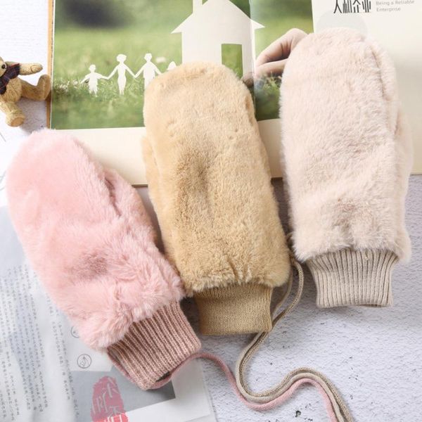 

five fingers gloves winter fashion plush faux fur women girls windproof velvet thicken warm mittens soft stretch type hand warmer, Blue;gray