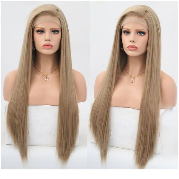 

rongduoyi long silky straight hair synthetic lace front wig ash blonde side part cosplay wig glueless front lace wigs f wmthrb, Black