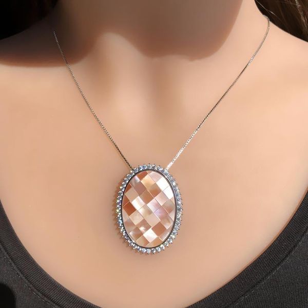 

pendant necklaces big ellipse pearl shell gold color handmade natural round cubic zirconia geometry necklace women jewelry, Silver