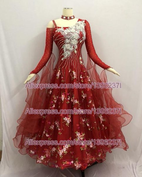 

2021 new ballroom competition dance dress women waltz dance skirt red long sleeve standard ballroom dresses, Black;red