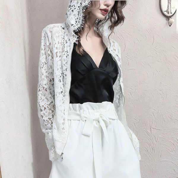 

plus size lace zipper front hoodie for women solid color black/white vintage summer bomber short jacket and coat female, Black;brown