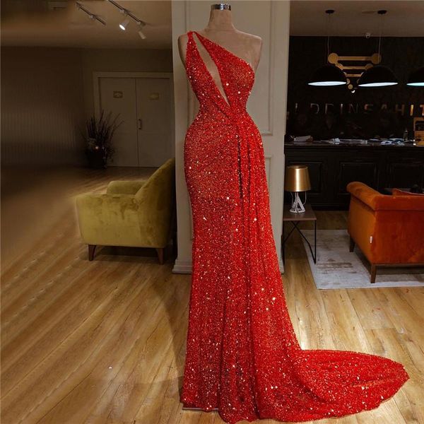 

sparkle red sequins evening dresses 2020 long mermaid side slit beading one shoulder prom gown abendkleider formal dresses vestido, Black;red