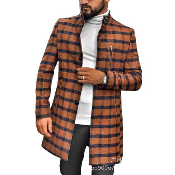 

woolen coat windbreaker men's medium length plaid collar single breasted overcoat jacket men's slim fit long coat man outwear, Black