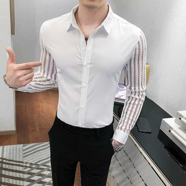 

british style autumn lace long sleeve shirt men fashion 2020 slim fit men casual shirts all match night club prom tuxedo dress1, White;black