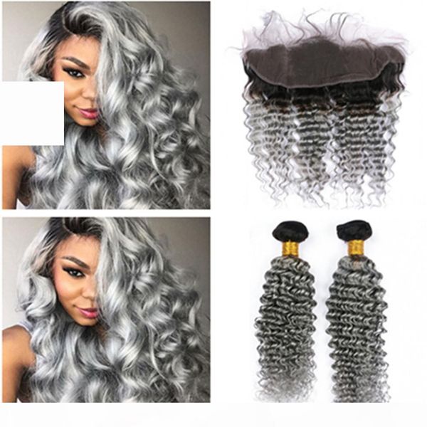 

dark root 1b grey ombre indian virgin human hair 2bundles deep wave weaves with 13x4 full lace frontal closure middle 3 part, Black