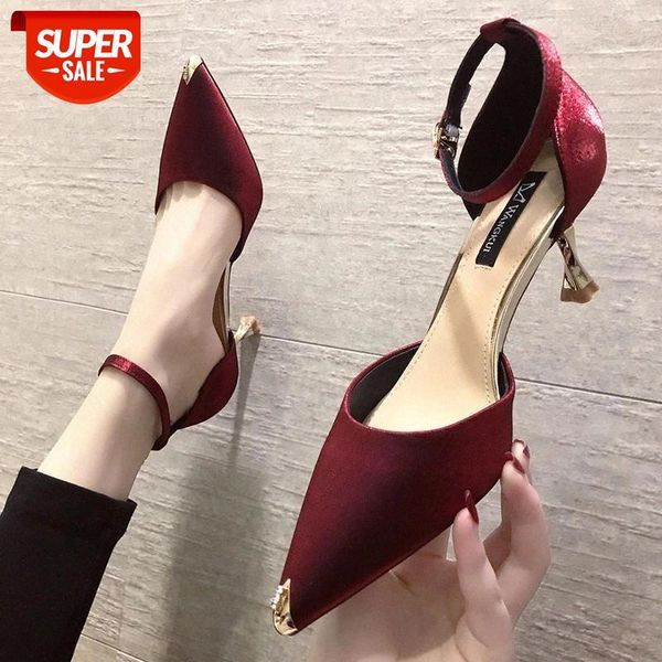 

women pumps fashion thin heels single shoes female spring summer pointed toe metal decoration wedding party red shoes #k53i, Black