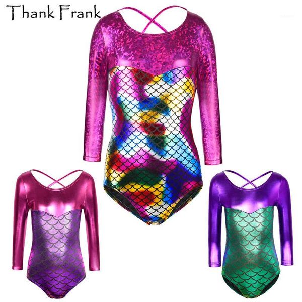 

girls metallic gymnastics leotard kids shiny long sleeve ballet leotards tolddler children adorable mermaid costumes tf10121, Black;red