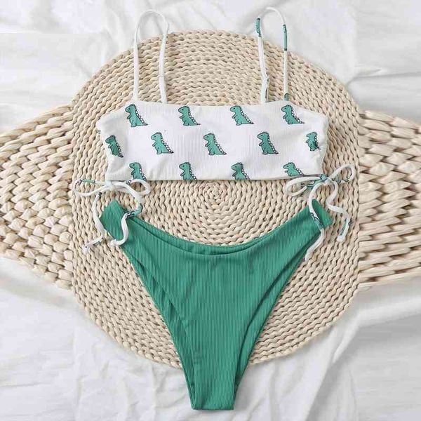 

womens high waisted sling bikinis set dinosaur printed push-up padded bra beach bikini set swimsuit beachweart, White;black