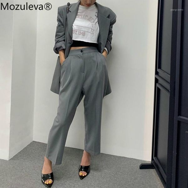 

mozuleva 2020 office wear women pant suit vintage gray 2 pieces set women loose notched jacket & straight pant female blazer set1, White