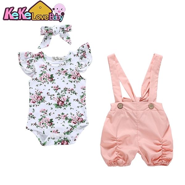 

newborn infant baby girl clothing ruffle bodysuits sleeveless suspenders pants headband outfits cute clothes cotton vest y200803, White