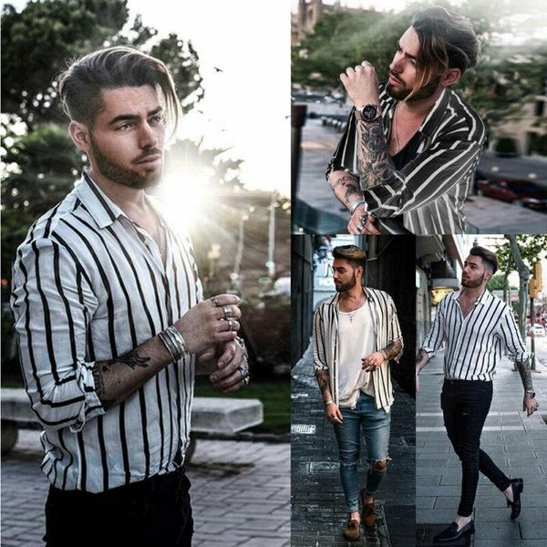 

2020 fashion mens stripe blouse shirt luxury casual stylish slim fit long sleeve casual dress shirts1, White;black