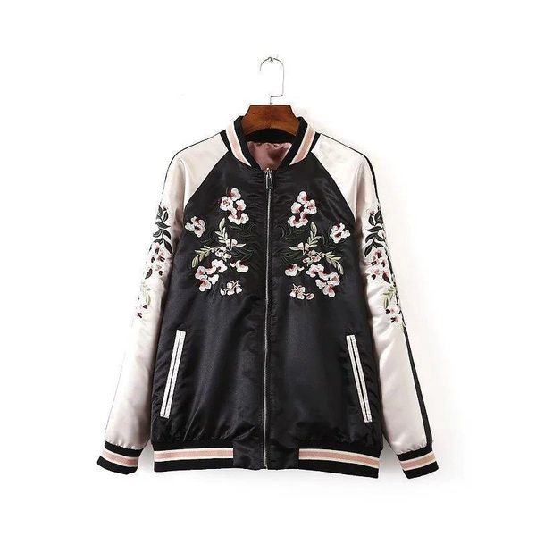 

floral embroidery bomber jacket women harajuku pilot jacket casual basic pink jackets coat two side wear outwear giubbotto rosa, Black;brown