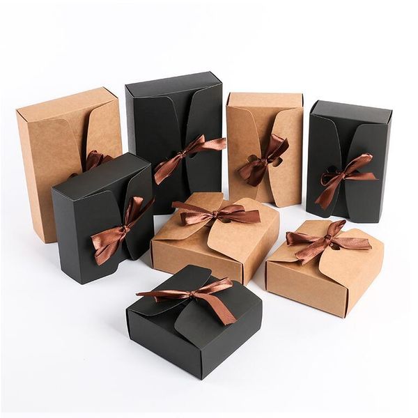 

10pcs/lot kraft paper boxes with ribbon,wedding favor boxes,black cardboard packing box large party gift box