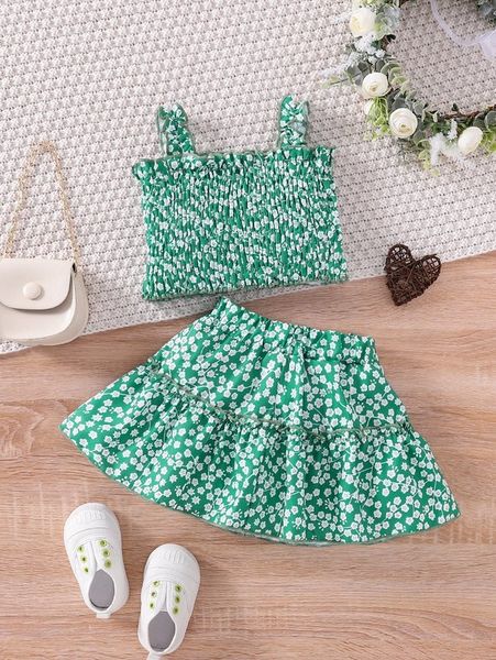 

baby allover floral print frill trimed cami & skirt she, White