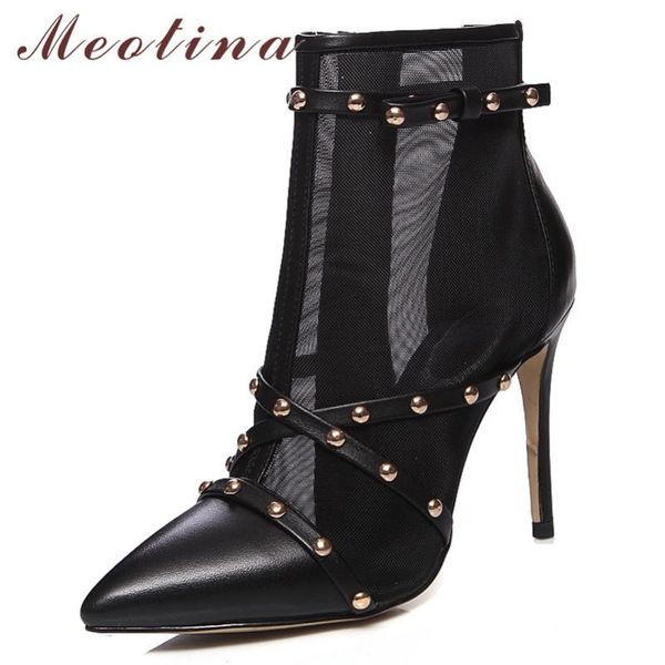

meotina autumn ankle boots women natural genuine leather zipper thin heels short boots rivets extreme high heel shoes lady 34-39, Black