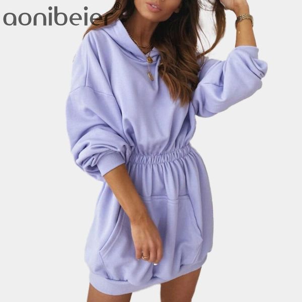 

aonibeier casual mini dress spring autumn long sleeve drop shoulder high waist dress pocket front long hoodies women pullovers, Black;gray