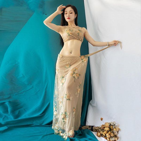 

belly dance summer new practice clothes women embroidery skirt set oriental dancing performance costume garments1, Black;red