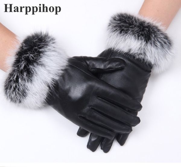 

women lady black sheepskin leather gloves autumn winter warm rabbit fur mittens est velvet wind water proof t200111, Blue;gray
