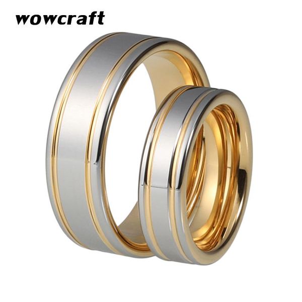 

wedding rings gold tungsten carbide for couple band lover's ring double grooves polished shiny finished, Slivery;golden