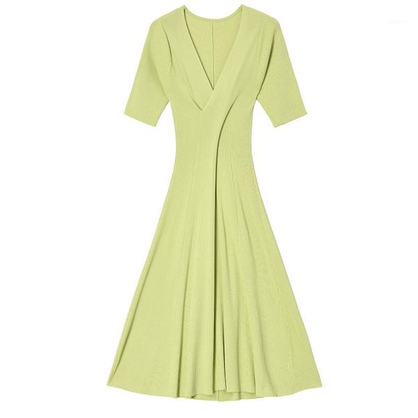 

spring autumn 2020 women multicolor purple brief long knitting dress new v-neck half sleeve loose fit fashion tide v8271, Black;gray