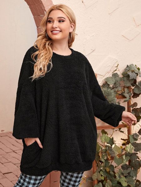 

plus hidden pocket drop shoulder flannel pullover e3li#, Black