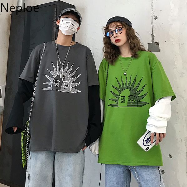 

neploe letter print female t shirts spring retro o neck patchwork long sleeve ladies tees loose fashion men women 81209 201125, White