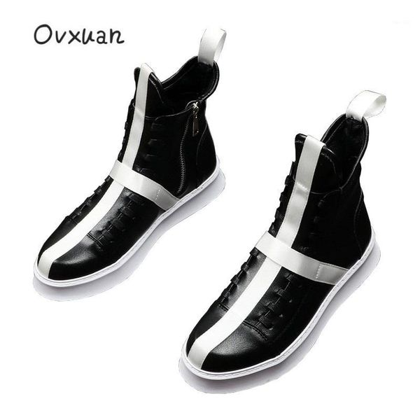 

boots ovxuan short for man white crossed stripe british style high mens designer shoes outdoor leather ankle men botas1, Black