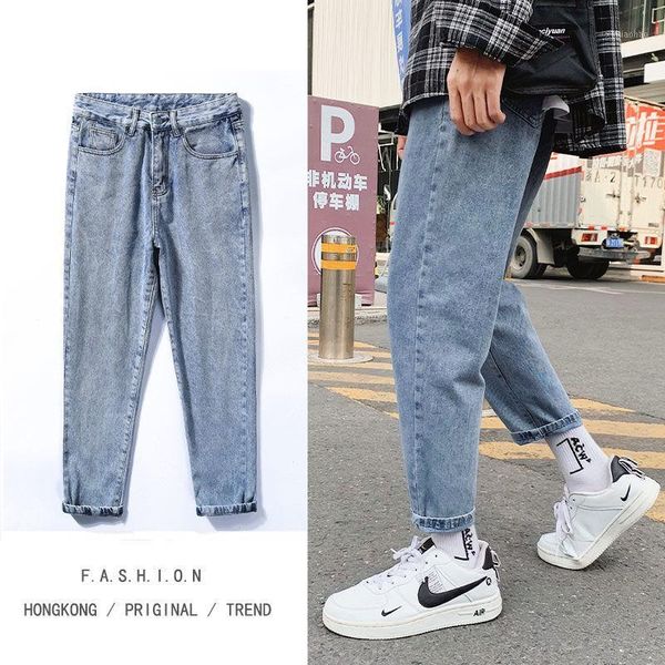 

autumn jeans men's slim fashion washed solid color casual jean pants men streetwear hip hop straight denim trousers mens 27-361, Blue