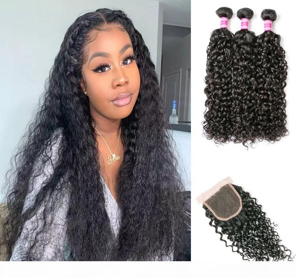 

brazilian water wave virgin hair bundles with lace closure brazilian human hair extensions 3 bundles with lace closure products wholesale, Black