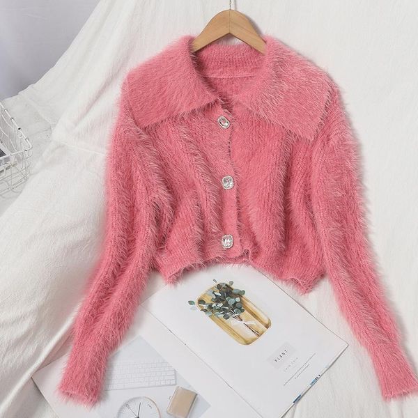 

women's knits & tees women autumn cardigans all-match comfortable soft single-breasted korean solid color sweet lapel female short gx1, White