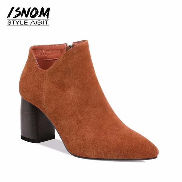 

boots isnom 2021 thick high heels ankle women cow suede shoes fashion office female pointed toe zipper footwear, Black