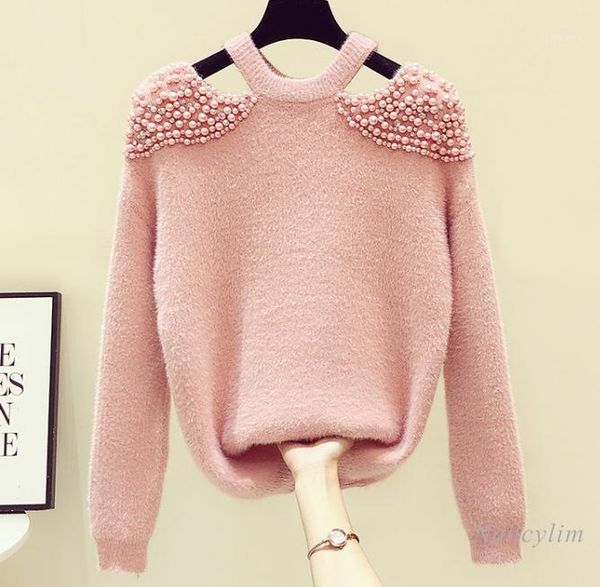 

women beaded off shoulder sweater thickened halter knit female 2021 spring autumn new plush woolen knitwear11, White;black